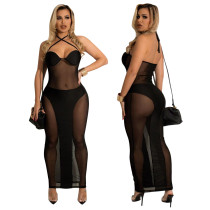 mesh wrap chest panel halterneck dress