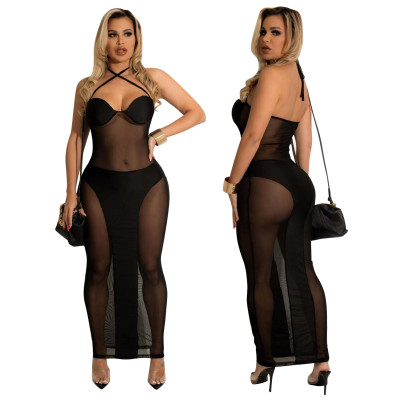 mesh wrap chest panel halterneck dress