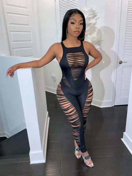 Fashionable and sexy hollow solid color jumpsuit