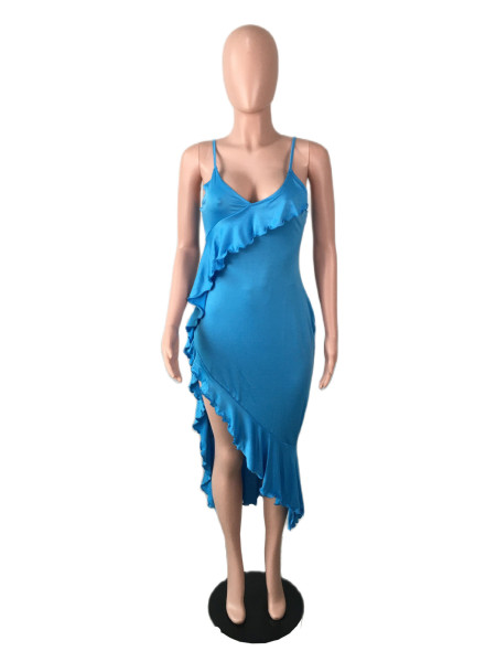 Dress ruffles suspenders sexy nightclub high slit dress women's