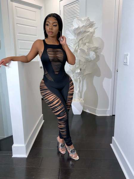 Fashionable and sexy hollow solid color jumpsuit