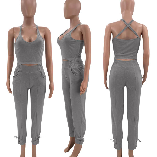 Candy Color Set Eyelet Strap Sports and Leisure Two-Piece Set