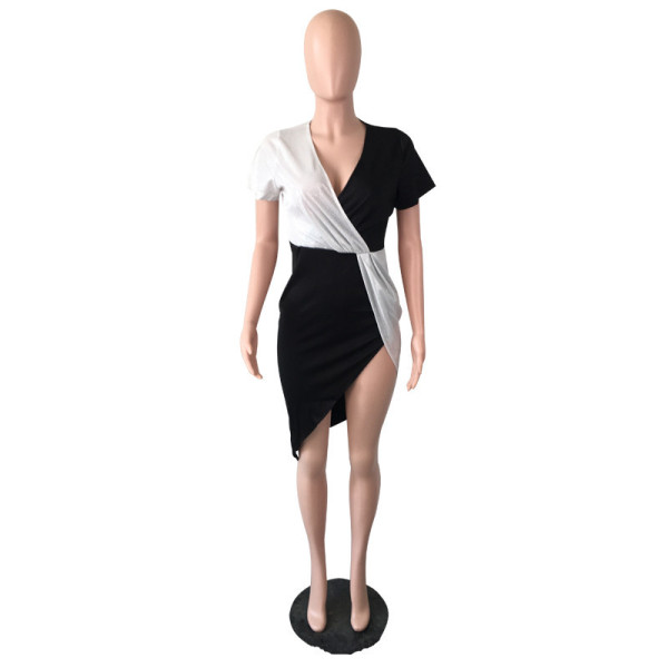 Sequin contrast color ethnic style high waist solid color temperament commuter mid-length skirt short-sleeved waist dress