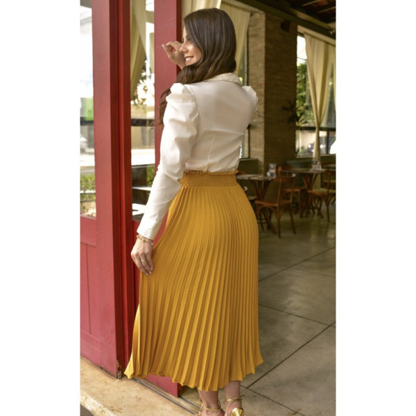 Women's Mid Length Fashion High Waist Pleated Drawstring Skirt