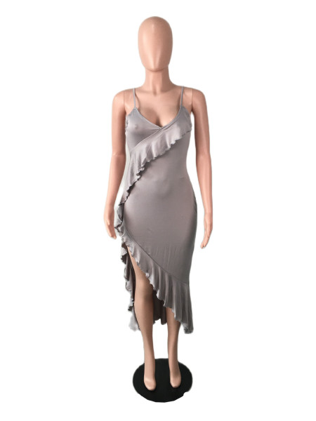 Dress ruffles suspenders sexy nightclub high slit dress women's