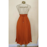 Women's Mid Length Fashion High Waist Pleated Drawstring Skirt