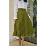 Women's Mid Length Fashion High Waist Pleated Drawstring Skirt
