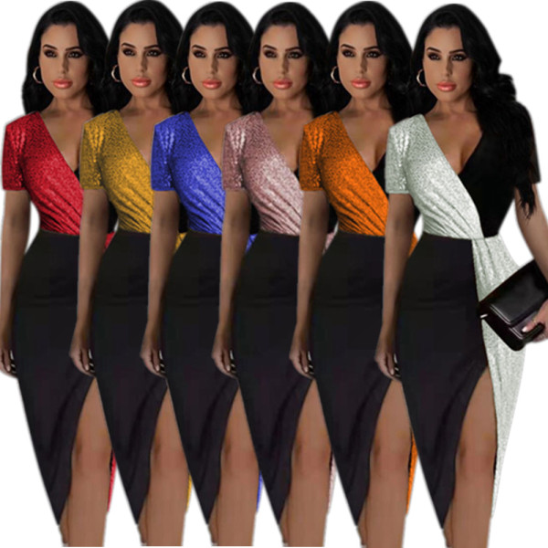 Sequin contrast color ethnic style high waist solid color temperament commuter mid-length skirt short-sleeved waist dress