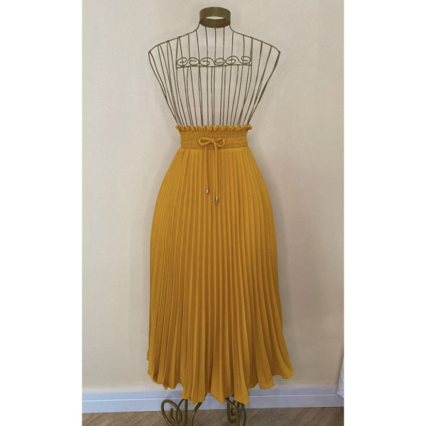 Women's Mid Length Fashion High Waist Pleated Drawstring Skirt