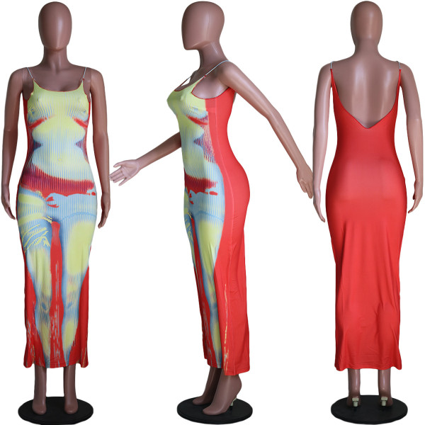 Fashion Casual Positioning Print Sexy Backless Sling Dress