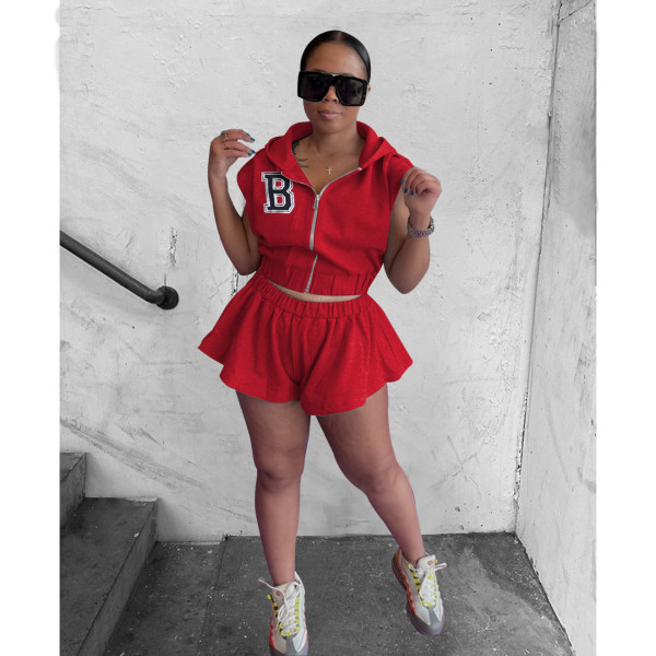 Women's B Letter Embroidered Sleeveless Zip Top Shorts Set Solid Color Faux Cotton Two Piece
