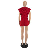 Women's B Letter Embroidered Sleeveless Zip Top Shorts Set Solid Color Faux Cotton Two Piece