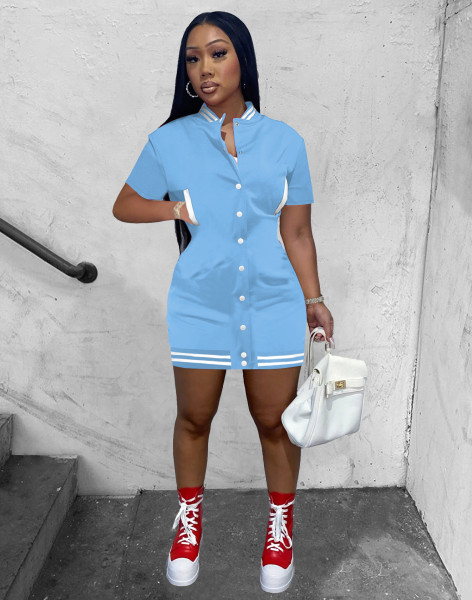 Women's Summer Short Sleeve Button Baseball Dress Sports Casual Mid Skirt Women