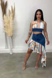 Halter neck wrap chest stitching denim + ruffled skirt skirt suit