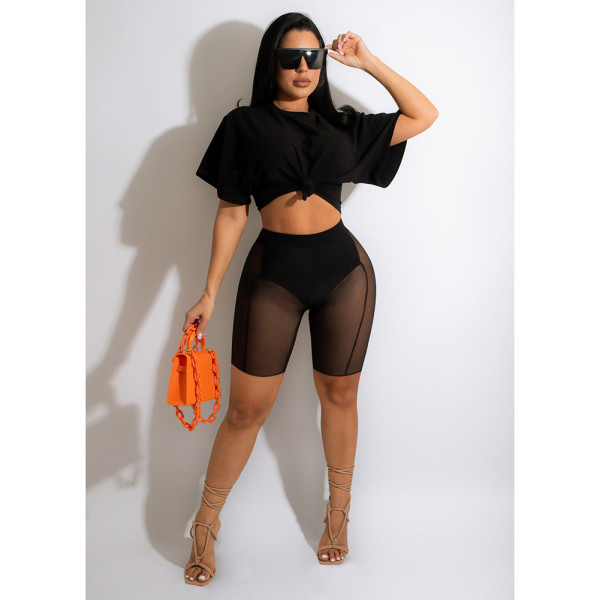 Two-piece set of short T-shirt mesh shorts with exposed navel
