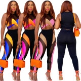 Women's Color Blocking Mesh Sexy Tank Top Trousers Two-Piece Set