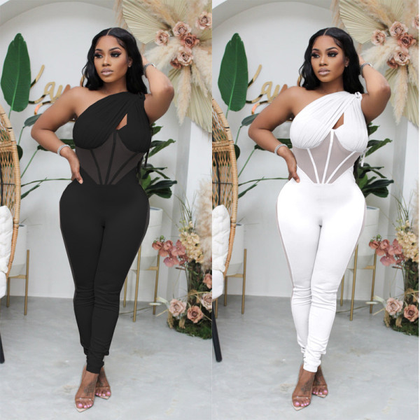 Fashionable mesh panelled jumpsuit with chest pad
