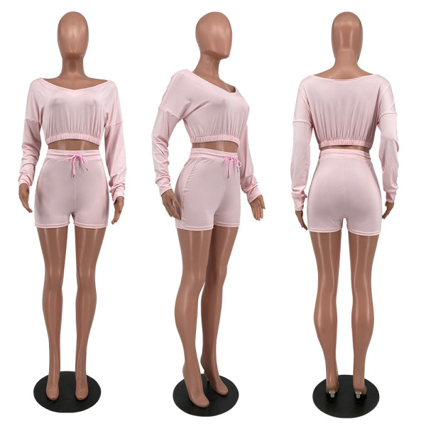 Women's V-Neck Solid Off Shoulder Sports Two-Piece Set