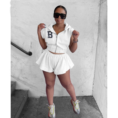 Women's B Letter Embroidered Sleeveless Zip Top Shorts Set Solid Color Faux Cotton Two Piece