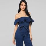Ruffle Skinny Pack Hip Wash Denim Women's Jumpsuit