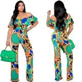 Women's Sexy Print One-Line Neck Wide-Leg Jumpsuit