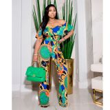 Women's Sexy Print One-Line Neck Wide-Leg Jumpsuit