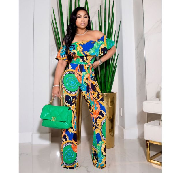 Women's Sexy Print One-Line Neck Wide-Leg Jumpsuit