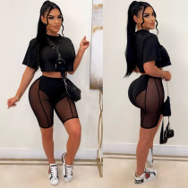 Two-piece set of short T-shirt mesh shorts with exposed navel Two-piece set of short T-shirt mesh shorts with exposed navel