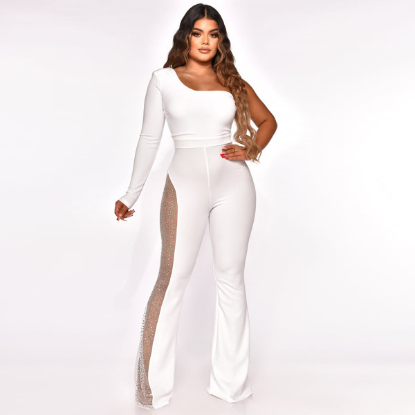 Fashion mesh stitching hot diamonds flare jumpsuit
