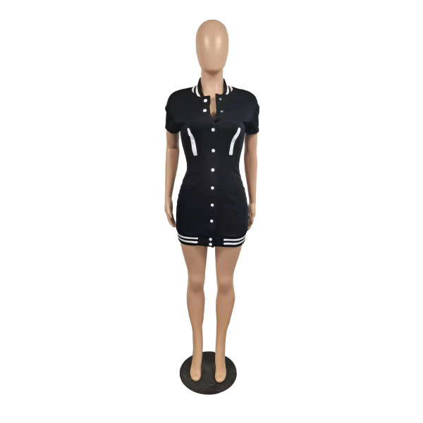 Women's Summer Short Sleeve Button Baseball Dress Sports Casual Mid Skirt Women
