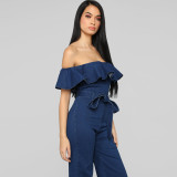 Ruffle Skinny Pack Hip Wash Denim Women's Jumpsuit