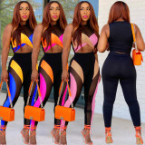 Women's Color Blocking Mesh Sexy Tank Top Trousers Two-Piece Set