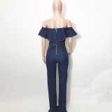 Ruffle Skinny Pack Hip Wash Denim Women's Jumpsuit