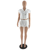 Women's Button Lapel Sleeveless Top Shorts Two Piece Solid Stretch Casual Set