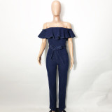 Ruffle Skinny Pack Hip Wash Denim Women's Jumpsuit