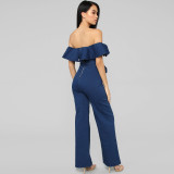 Ruffle Skinny Pack Hip Wash Denim Women's Jumpsuit