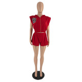 Women's B Letter Embroidered Sleeveless Zip Top Shorts Set Solid Color Faux Cotton Two Piece