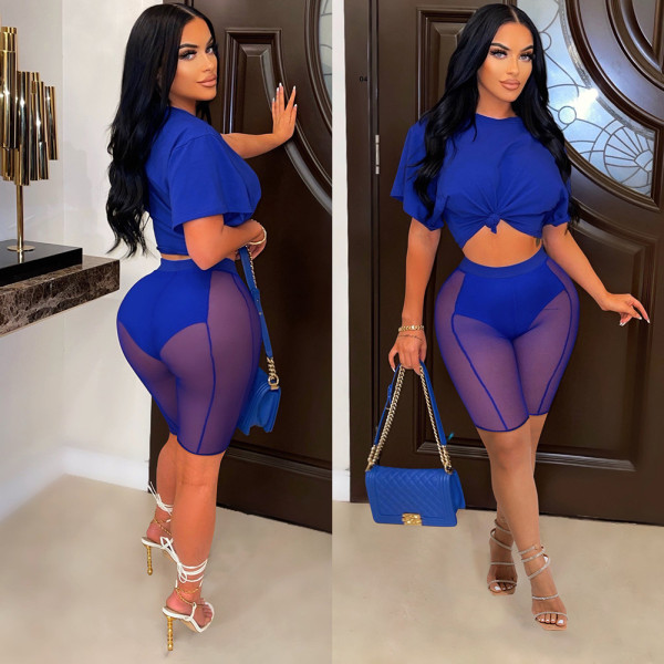 Two-piece set of short T-shirt mesh shorts with exposed navel