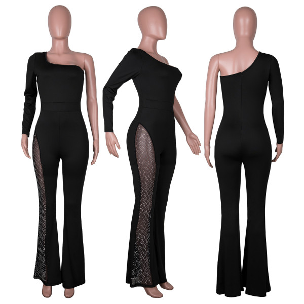 Fashion mesh stitching hot diamonds flare jumpsuit