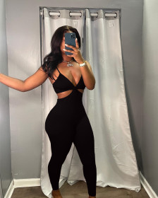 Fashion sexy backless suspenders solid color casual jumpsuit