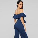 Ruffle Skinny Pack Hip Wash Denim Women's Jumpsuit