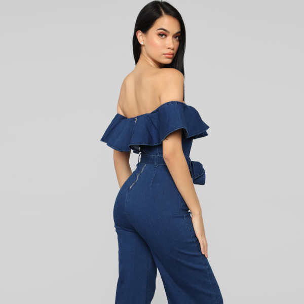 Ruffle Skinny Pack Hip Wash Denim Women's Jumpsuit