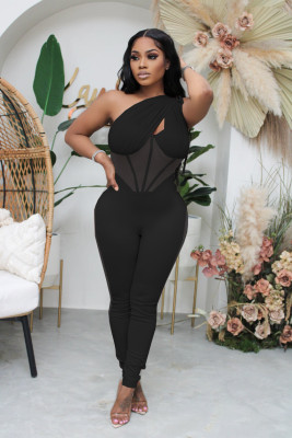 Fashionable mesh panelled jumpsuit with chest pad