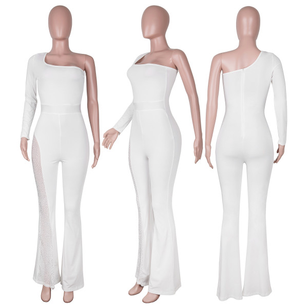 Fashion mesh stitching hot diamonds flare jumpsuit