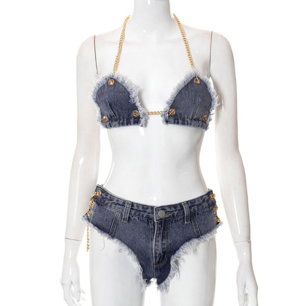 Chain halter neck navel sexy denim hot pants casual suit