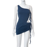 Women's Solid Color One Shoulder Vest Drawstring Irregular Short Skirt Suit