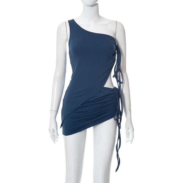 Women's Solid Color One Shoulder Vest Drawstring Irregular Short Skirt Suit
