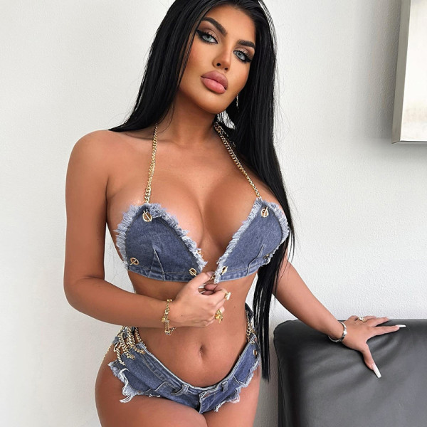 Chain halter neck navel sexy denim hot pants casual suit