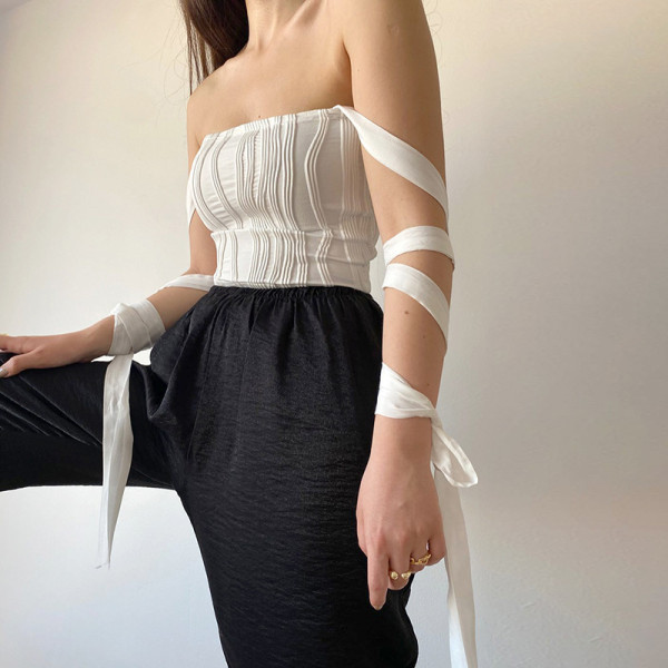 Wavy texture tube top strappy halter top sexy temperament T-shirt
