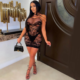 Sexy one-shoulder hollow see-through hip dress